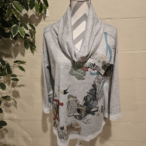 INOAH Cowl Neck Career Art Sweatshirt Size Medium 3/4 Bell Sleeve Grey. - Picture 1 of 10